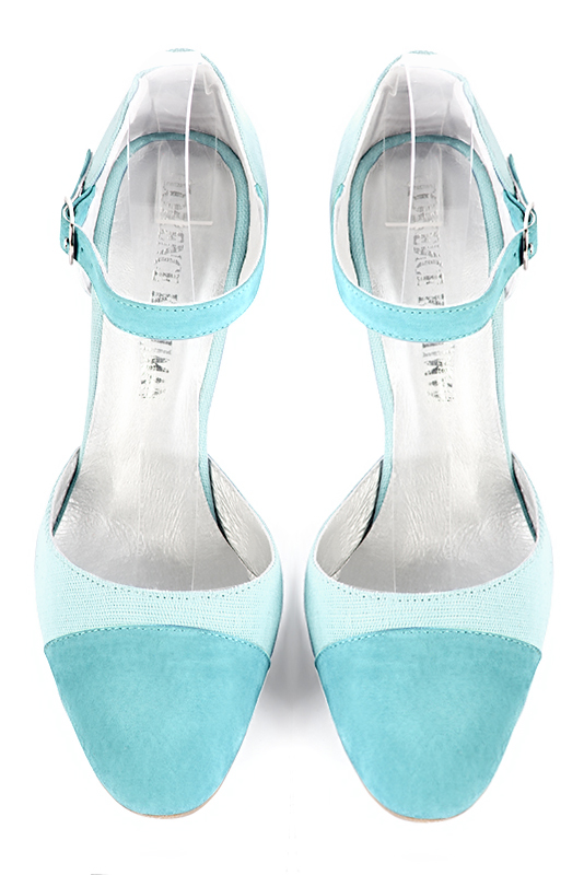 Aquamarine blue women's open side shoes, with an instep strap. Round toe. Very high slim heel. Top view - Florence KOOIJMAN